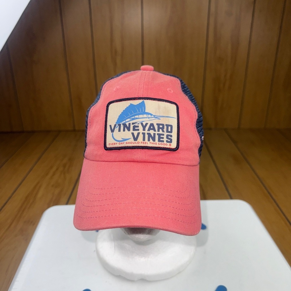 Vineyard Vines Marlin Patch Trucker Hat Coral Pink Blue Mesh Adjustable Cap